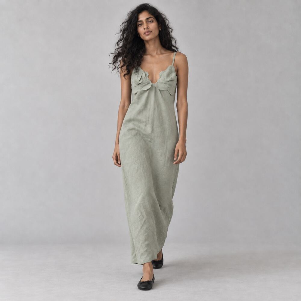 Ancora Azara Linen Midi/Maxi Dress Womens L Green Sleeveless Bust Details